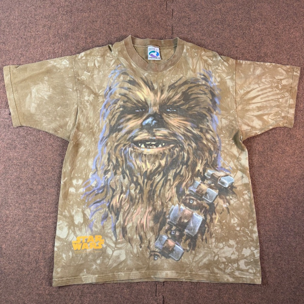 Vintage 1997 Star Wars Chewbacca Liquid Blue Tie Dye Shirt Mens Large USA Made